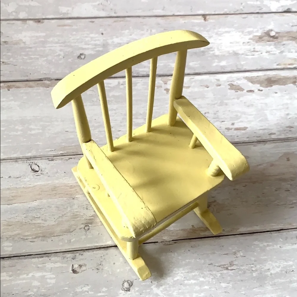 Miniature Wooden Rocking Chair Yellow Doll Furniture Decor 7.5in Tall